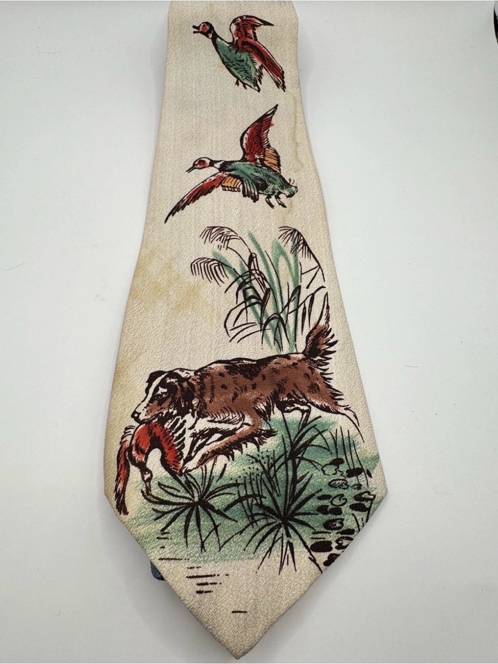 Vintage 1940s Hand Painted Hunting Dog Pheasant Necktie Wide Swing Tie